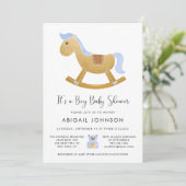 Boy Blue Gold Retro Rocking Horse Baby shower Kaart (Staand voorkant)