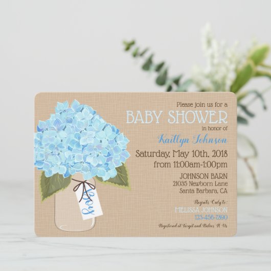 Boy Blue Hydrangea Mason Jar Rustiek Baby shower Kaart (Staand voorkant)