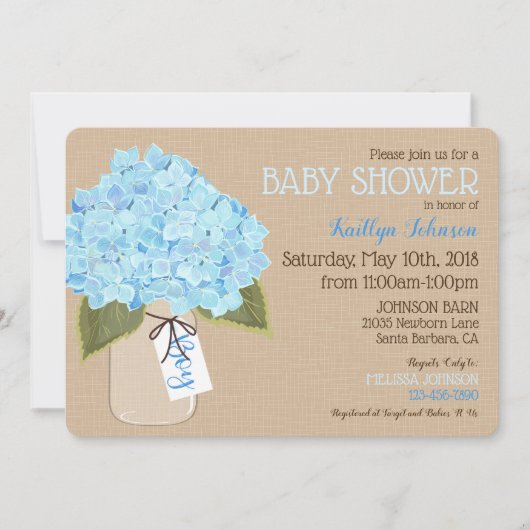 Boy Blue Hydrangea Mason Jar Rustiek Baby shower Kaart (Voorkant)