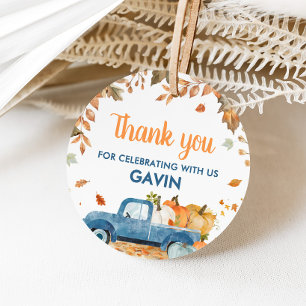 Boy Blue Pumpkin Truck Herfst Verjaardag Ronde Bedankjes Labels