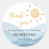 Boy Blue Sunshine 1er Anniversaire Sticker Étiquet (Devant)