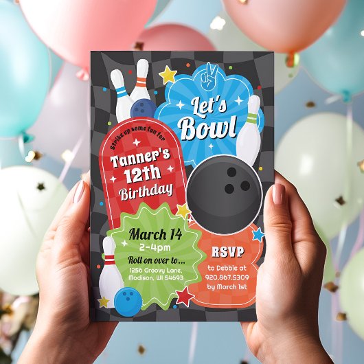 Boy Bowling Anniversaire Fête Retro Invitation