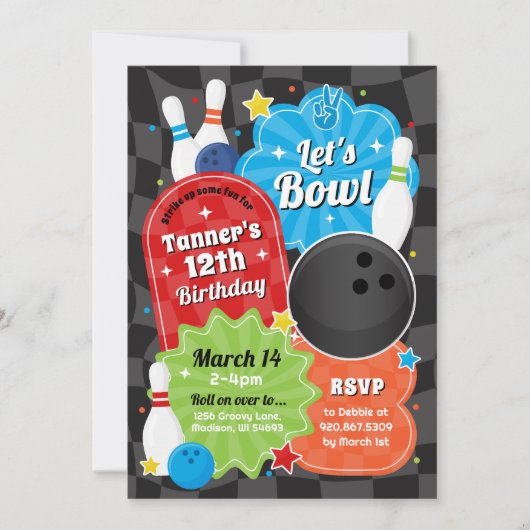 Boy Bowling Anniversaire Fête Retro Invitation (Devant)