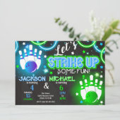 Boy Bowling Invitation Glow Neon Joint Birthday Kaart (Staand voorkant)