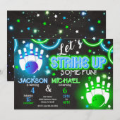 Boy Bowling Invitation Glow Neon Joint Birthday Kaart (Voorkant / Achterkant)