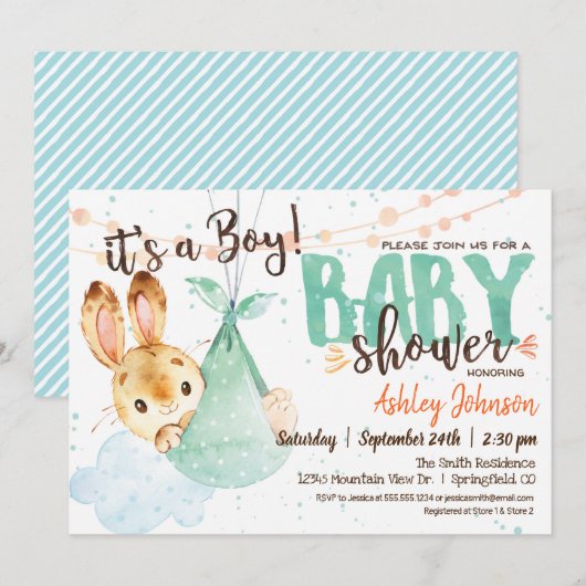 Boy Bunny Baby shower Invitation Kaart (Voorkant / Achterkant)