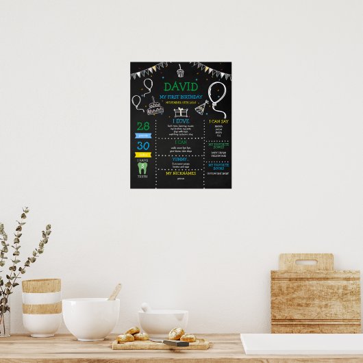 Boy Chalkboard First Birthday Milestone Poster (Keuken)