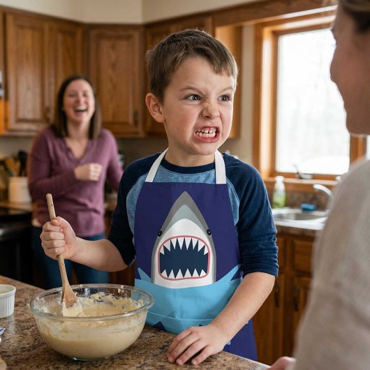 Boy chef grappig grote witte haai aanval schort