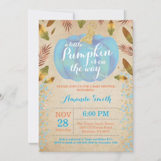 Boy Citrouille Automne Baby shower Invitation Or (Devant)