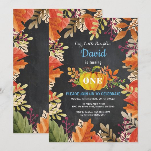 Boy Citrouille Fall Invitation d'anniversaire (Devant / Derrière)