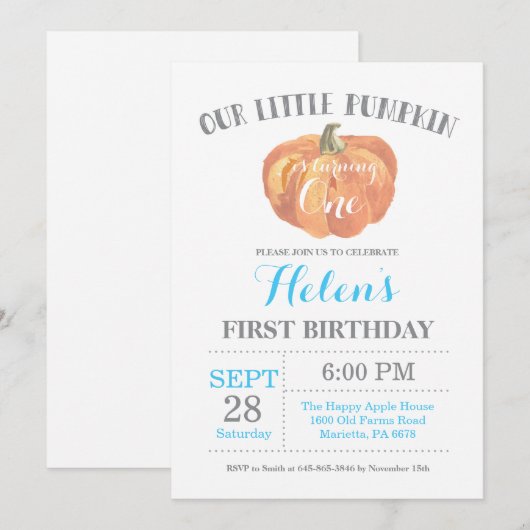 Boy Citrouille First Birthday Invitation Blue (Devant / Derrière)
