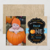 Boy Citrouille First Birthday Invitation Burlap (Devant / Derrière)