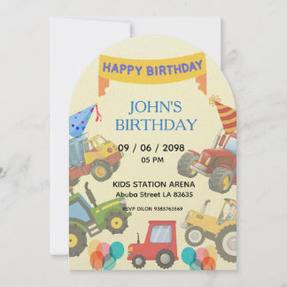 Boy Colorful Cartoon Tractor theme invitation 