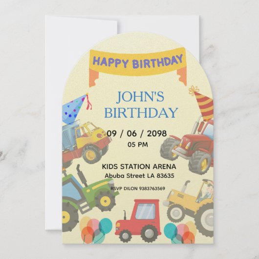 Boy Colorful Cartoon Tractor theme invitation  Kaart (Voorkant)