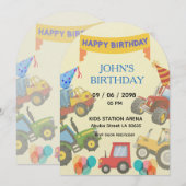 Boy Colorful Cartoon Tractor theme invitation  Kaart (Voorkant / Achterkant)