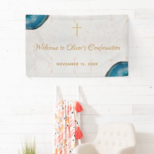 Boy Confirmation Blue Geode Script Marble Welkom Spandoek (Insitu)