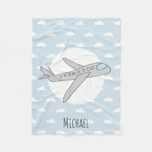 Boy Cute Blue Airplane met naam Kinder Fleece Deken