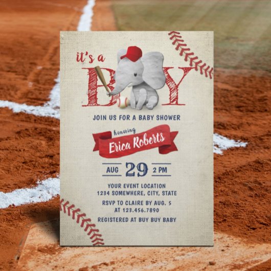 Boy Cute Elephant Baseball Baby shower Kaart
