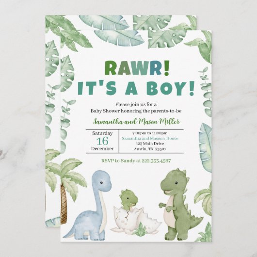 Boy Dinosaur Baby shower Kaart (Voorkant / Achterkant)