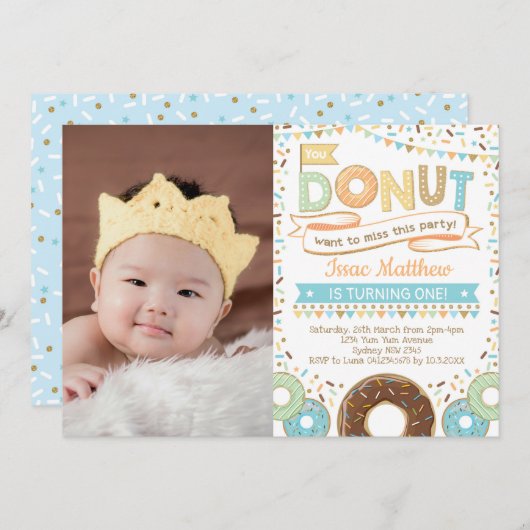 Boy Donut Invitation Cute Doughnut Birthday Party Kaart (Voorkant / Achterkant)