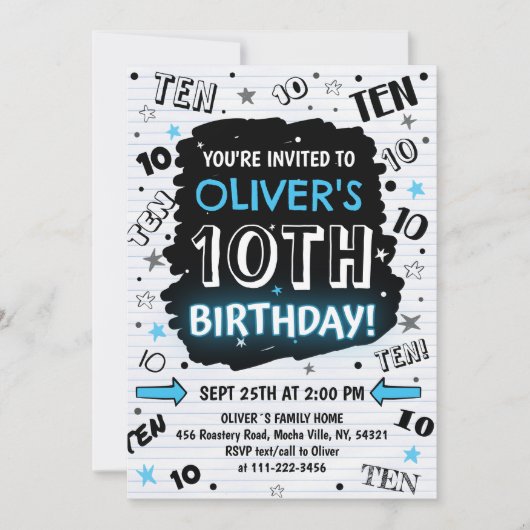 Boy Doodle 10th Birthday Invitation (Devant)