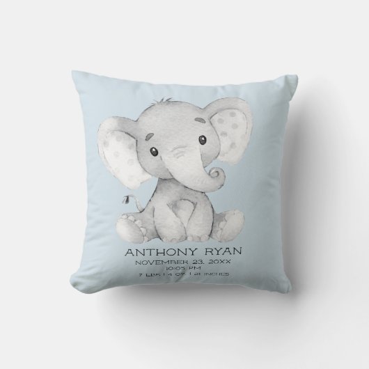 Boy Elephant Baby Birth Stats Coussin (Recto)