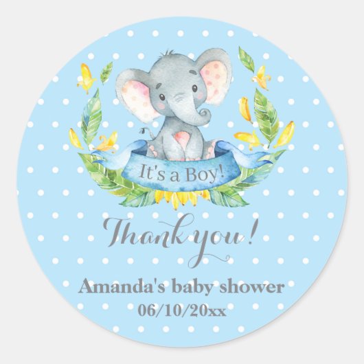 Boy Elephant Baby shower Blauw Bedankt Favor Ronde Sticker (Voorkant)