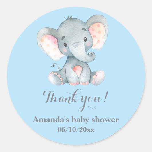 Boy Elephant Baby shower Blauw Bedankt Favor Ronde Sticker (Voorkant)