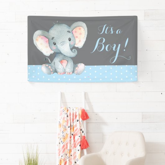 Boy Elephant Baby shower Blauw en Grijs Banner (Insitu)