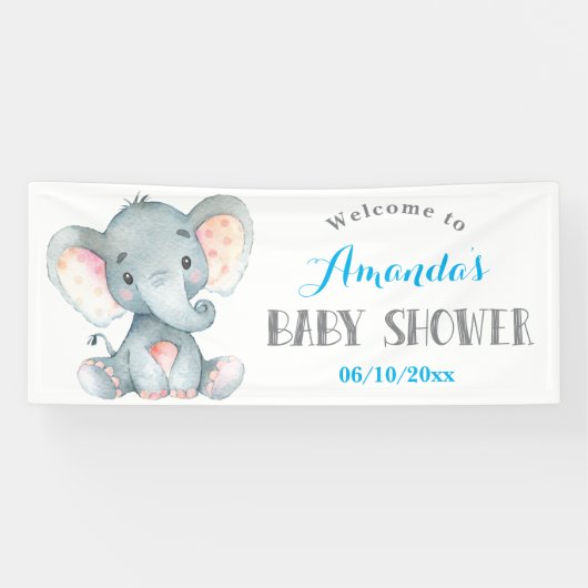 Boy Elephant Baby shower Bleu et gris bannière (Horizontal)