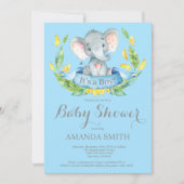 Boy Elephant Baby shower Invitation Blauw en Grijs Kaart (Voorkant)