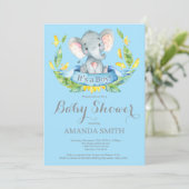 Boy Elephant Baby shower Invitation Blauw en Grijs Kaart (Staand voorkant)