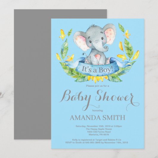 Boy Elephant Baby shower Invitation Blauw en Grijs Kaart (Voorkant / Achterkant)