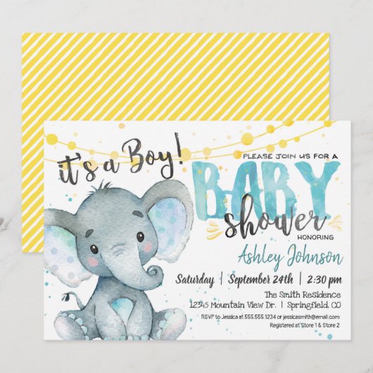 Boy Elephant Baby shower invitation Bleu et jaune (Devant / Derrière)