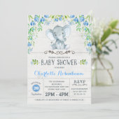 Boy Elephant Baby shower Invitation Blue Floral (Debout devant)
