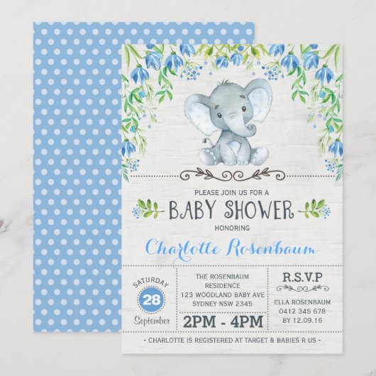 Boy Elephant Baby shower Invitation Blue Floral (Devant / Derrière)