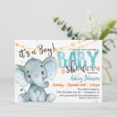 Boy Elephant Baby shower invitation Blue & Orange (Debout devant)