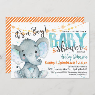 Boy Elephant Baby shower invitation Blue & Orange