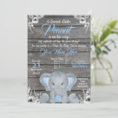Boy Elephant Baby shower Invitation blue Rustic Kaart (Staand voorkant)