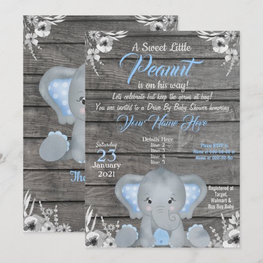 Boy Elephant Baby shower Invitation blue Rustic Kaart (Voorkant / Achterkant)