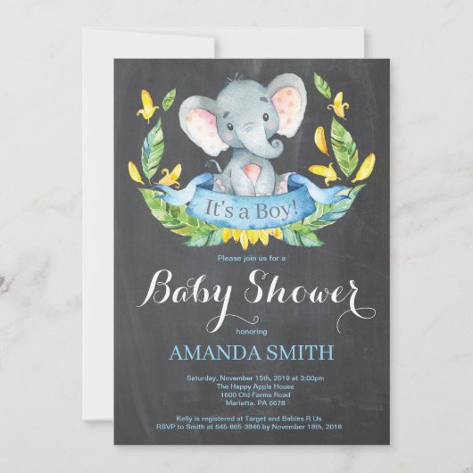 Boy Elephant Baby shower Invitation Chalkboard Kaart (Voorkant)
