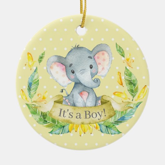 Boy Elephant Baby shower Yellow Keramisch Ornament (Voorkant)