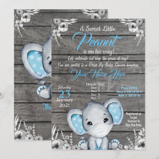 Boy Elephant Drive By Baby shower Invitation bleu (Devant / Derrière)