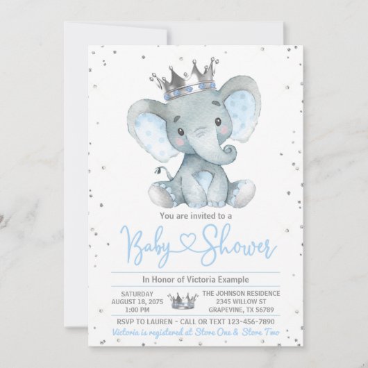 Boy Elephant Prince Baby shower Uitnodiging (Voorkant)