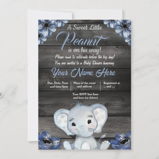 Boy Elephant Rustic Baby shower Invitation Floral (Devant)