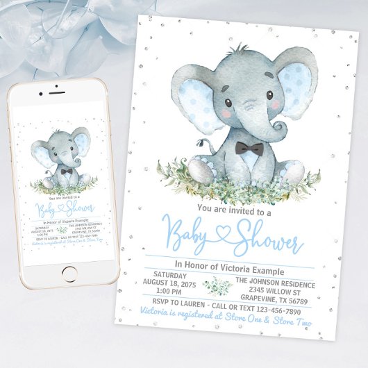 Boy Elephant Stropdas Glitter Baby shower Uitnodig Kaart