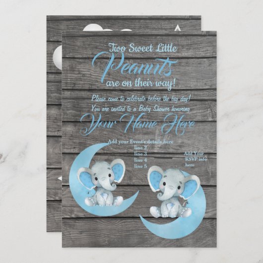 Boy Elephants Baby shower Invitation moo rustique (Devant / Derrière)