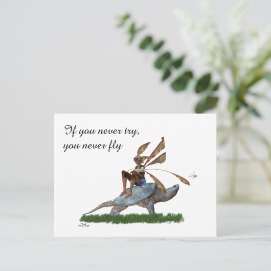 Boy Fairy Riding Sur Turtle Carte Postale (Debout devant)