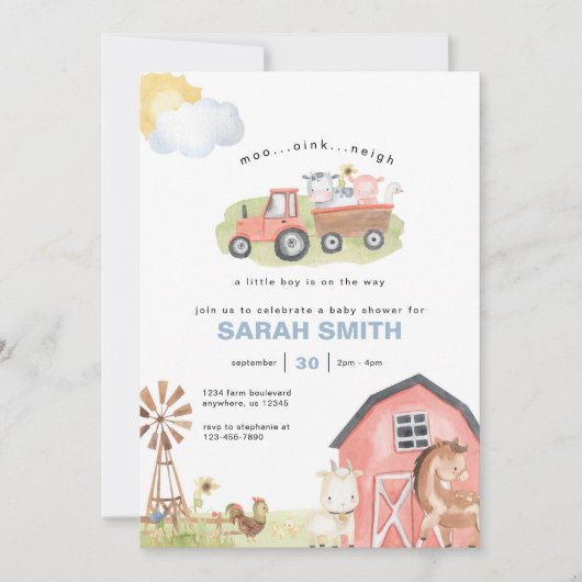 Boy Farm Animals Baby shower Uitnodiging (Voorkant)