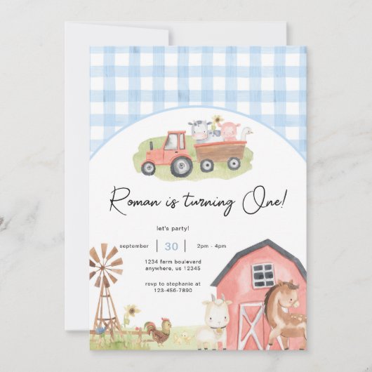 Boy Farm Animals Barnyard Birthday Invitation (Devant)